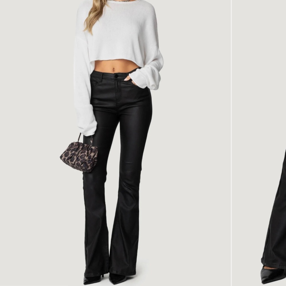 Edikted XS High-Rise Black Faux Leather Flare Pants